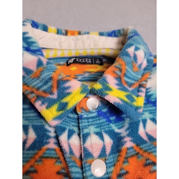 RF Brand Shirt Shacket Mens L Aztec Fleece Orange Blue Yellow Snaps Pockets READ - Picture 3 of 16